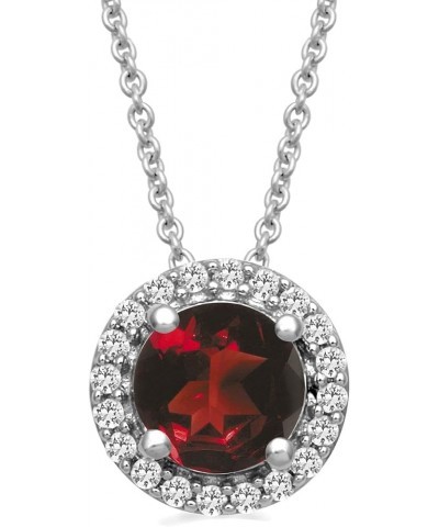 Sterling Silver Checkerboard Round Gemstone and Created White Sapphire Pendant Necklace, 18" Rolo Chain Garnet $42.00 Necklaces