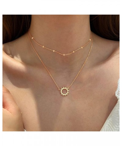 18k Gold Plated Dainty Layered Sun Necklace Pendant Short Cactus Choker Chain, Circle Layering Necklace,Star Handmade Gold Si...