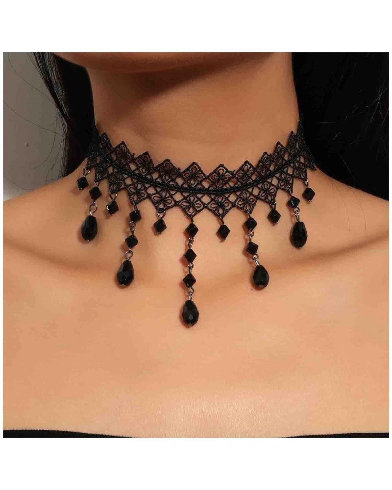 Goth Black Crystal Dangle Necklace Waterdrop Rhinestone Necklace Choker Vintage Hollow Lace Necklace Black Tattoo Necklace Je...