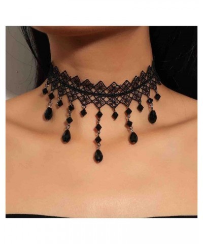 Goth Black Crystal Dangle Necklace Waterdrop Rhinestone Necklace Choker Vintage Hollow Lace Necklace Black Tattoo Necklace Je...