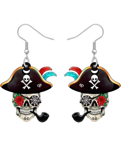 Acrylic Pirate Sugar Skull Earrings Dangle Pirate Halloween Gifts for women Girls Jewelry Ebony $7.66 Earrings