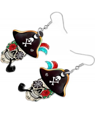 Acrylic Pirate Sugar Skull Earrings Dangle Pirate Halloween Gifts for women Girls Jewelry Ebony $7.66 Earrings