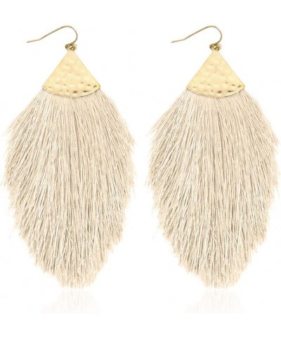 Bohemian Silky Thread Fan Fringe Tassel Statement Earrings - Lightweight Strand Feather Shape Dangles Feather Fringe - White ...