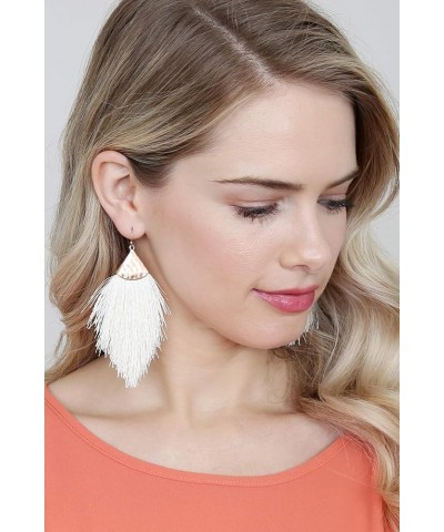 Bohemian Silky Thread Fan Fringe Tassel Statement Earrings - Lightweight Strand Feather Shape Dangles Feather Fringe - White ...