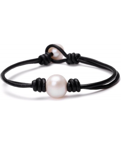 Single Cultured Freshwater Pearl Bracelet Handmade Leather Pearl Jewelry for Women Girls 7'' 7'' Black $7.55 Bracelets