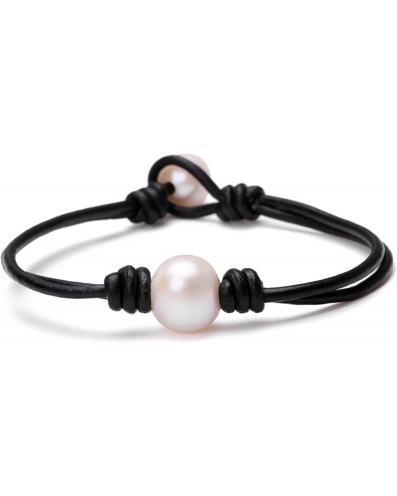 Single Cultured Freshwater Pearl Bracelet Handmade Leather Pearl Jewelry for Women Girls 7'' 7'' Black $7.55 Bracelets