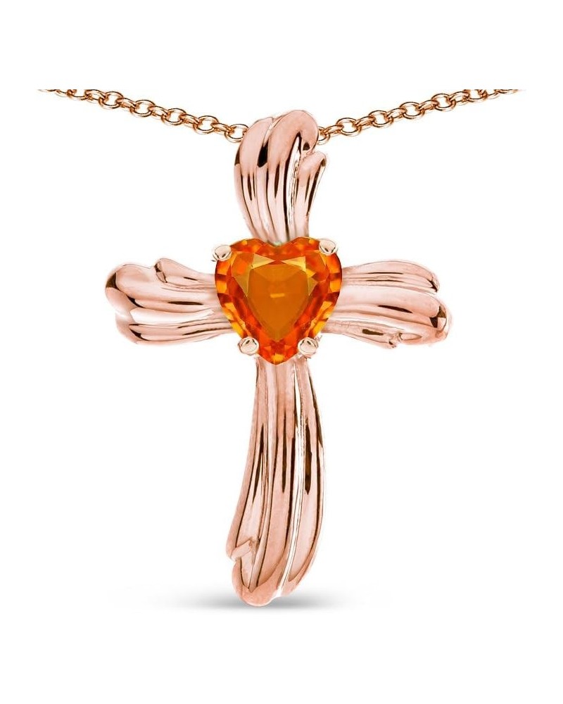 Solid 14k Gold Heart Shape 6mm Ribbed Cross Of Love Pendant Necklace Simulated Fire Opal Rose Gold $120.24 Necklaces