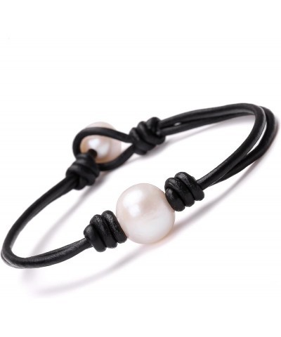 Single Cultured Freshwater Pearl Bracelet Handmade Leather Pearl Jewelry for Women Girls 7'' 7'' Black $7.55 Bracelets