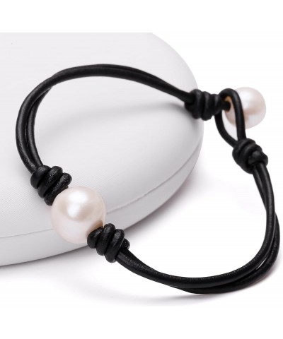 Single Cultured Freshwater Pearl Bracelet Handmade Leather Pearl Jewelry for Women Girls 7'' 7'' Black $7.55 Bracelets