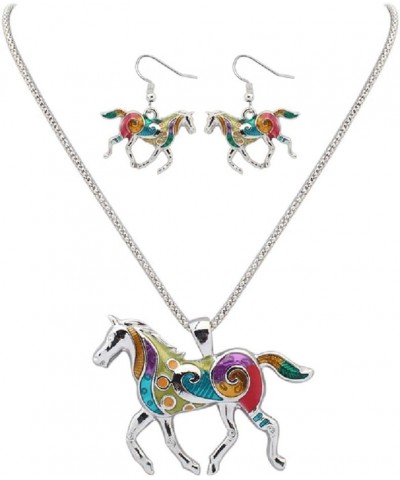 Charms Enamel Rainbow Horse Pendant Necklace with Earrings Jewelry Sets Silver,White $10.44 Jewelry Sets