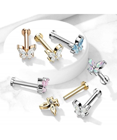 16 Gauge CZ Butterfly Top on Internally Threaded 316L Surgical Steel Flat Back Studs for Labret, Monroe, Cartilage and More (...