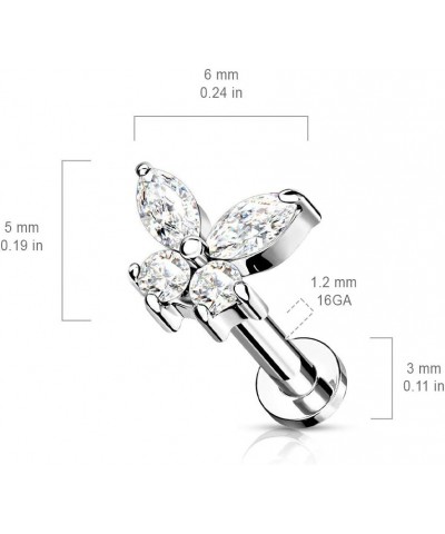 16 Gauge CZ Butterfly Top on Internally Threaded 316L Surgical Steel Flat Back Studs for Labret, Monroe, Cartilage and More (...