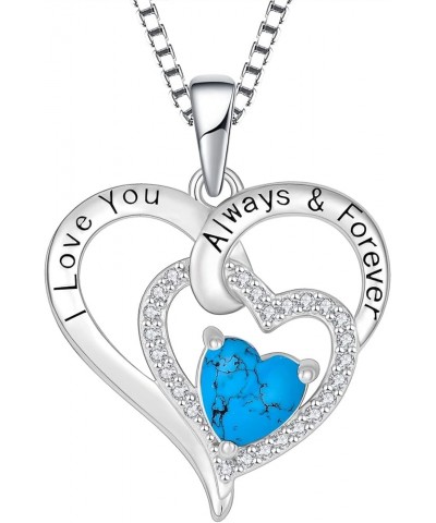 Turquoise Heart Necklace 925 Sterling Silver 3A Cubic Zirconia Engraved with I Love You Always & Forever Pendant with Chain f...