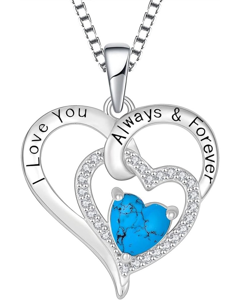 Turquoise Heart Necklace 925 Sterling Silver 3A Cubic Zirconia Engraved with I Love You Always & Forever Pendant with Chain f...