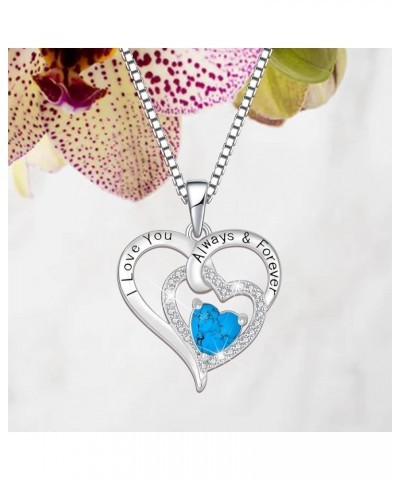 Turquoise Heart Necklace 925 Sterling Silver 3A Cubic Zirconia Engraved with I Love You Always & Forever Pendant with Chain f...