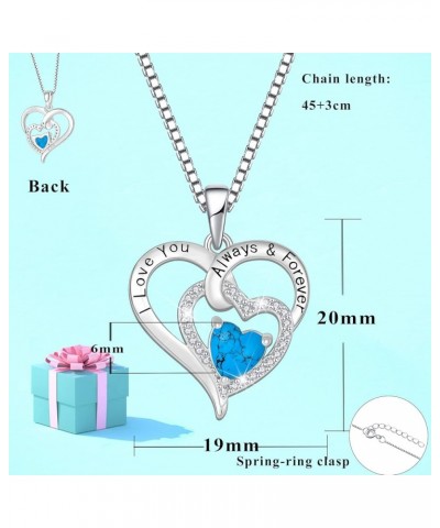 Turquoise Heart Necklace 925 Sterling Silver 3A Cubic Zirconia Engraved with I Love You Always & Forever Pendant with Chain f...