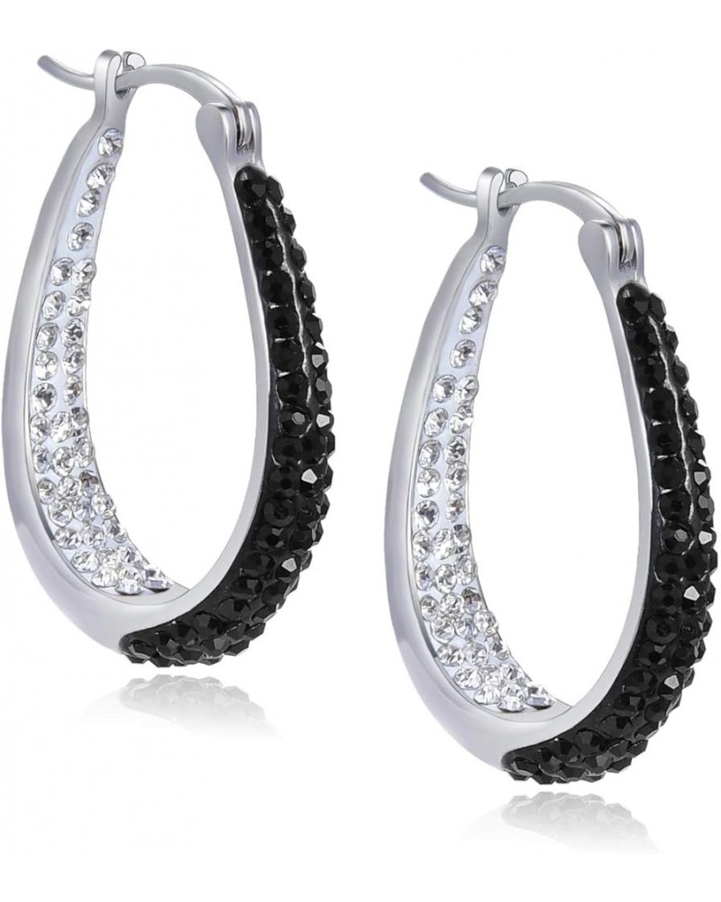 Crystal Hoop Earrings - Silver Plated Inside Out Oval Shape Hoop Earrings for Women, 1.2 Inch Black $12.69 Earrings