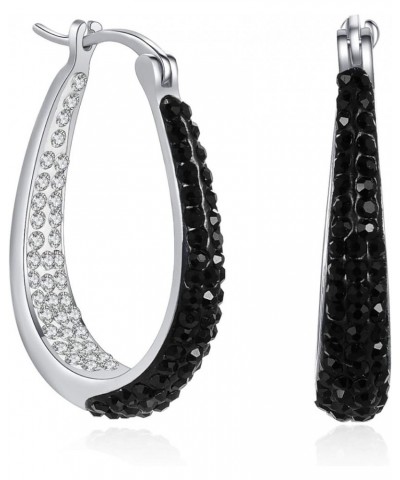 Crystal Hoop Earrings - Silver Plated Inside Out Oval Shape Hoop Earrings for Women, 1.2 Inch Black $12.69 Earrings