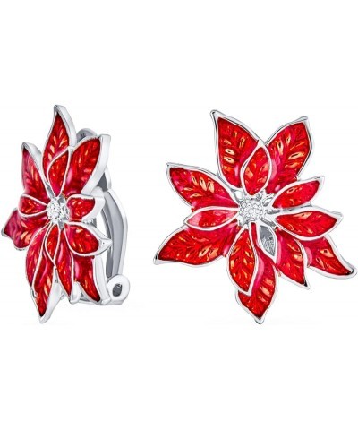 Large Statement Flower Holiday Party White Red Enamel Poinsettia Brooch Clip On Earrings Scarf Pin Jewelry Set For Women Silv...