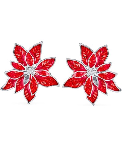 Large Statement Flower Holiday Party White Red Enamel Poinsettia Brooch Clip On Earrings Scarf Pin Jewelry Set For Women Silv...