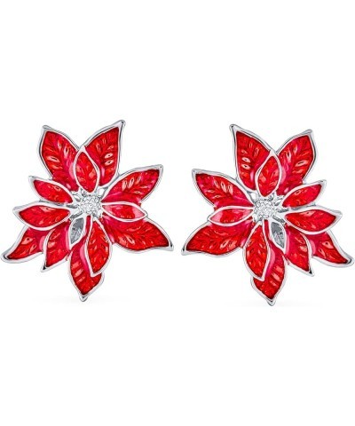 Large Statement Flower Holiday Party White Red Enamel Poinsettia Brooch Clip On Earrings Scarf Pin Jewelry Set For Women Silv...