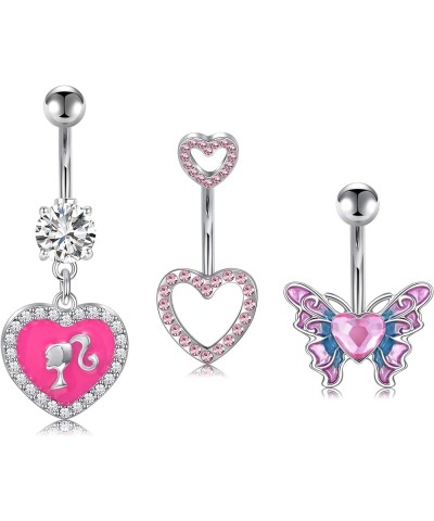 14G Belly Button Ring,Pink Heart Belly Button Rings Stainless Steel Cubic Zirconia Navel Barbell Stud Body Belly Navel Pierci...