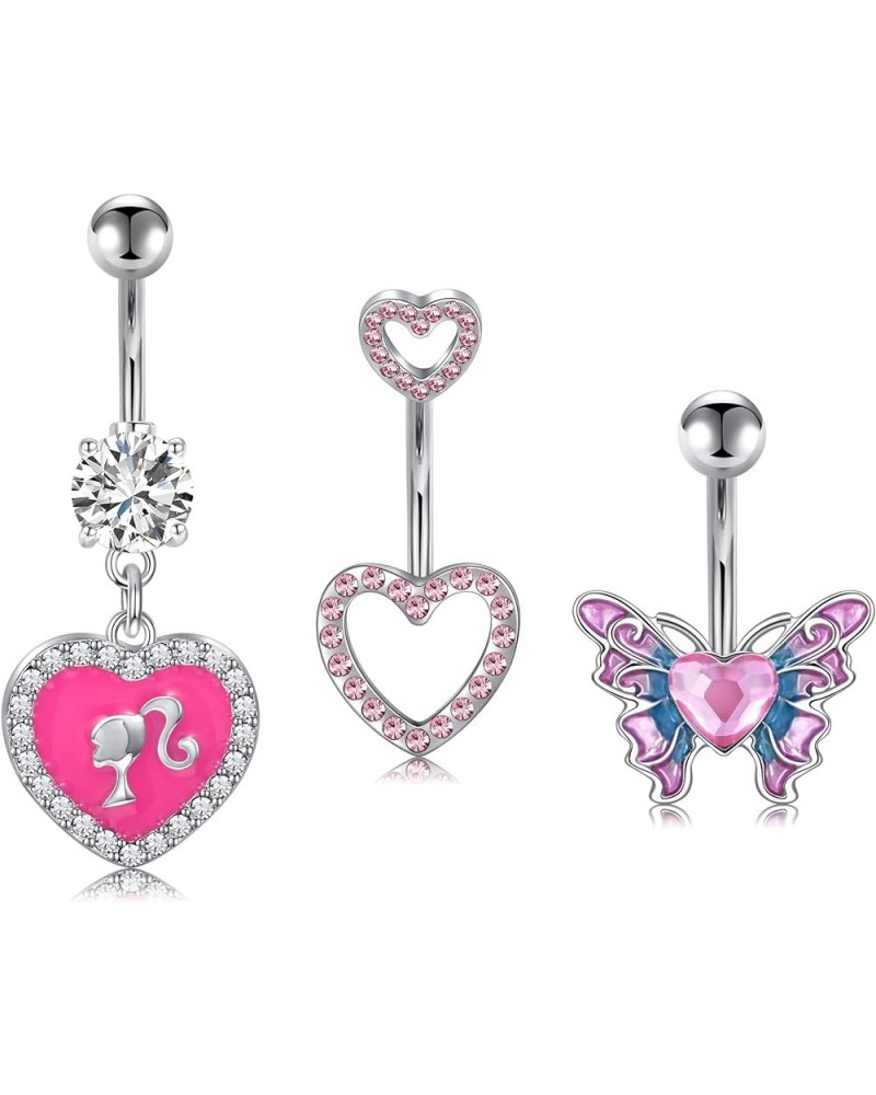 14G Belly Button Ring,Pink Heart Belly Button Rings Stainless Steel Cubic Zirconia Navel Barbell Stud Body Belly Navel Pierci...