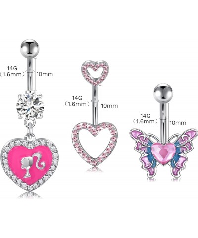 14G Belly Button Ring,Pink Heart Belly Button Rings Stainless Steel Cubic Zirconia Navel Barbell Stud Body Belly Navel Pierci...