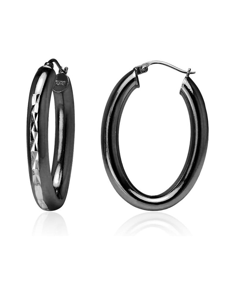 925 Sterling Silver 4.5mm Thick Oval Diamond-Cut Hoop Earrings, 25mm 30mm, Silver, Yellow Gold, Rose Gold & Black Black 25mm-...