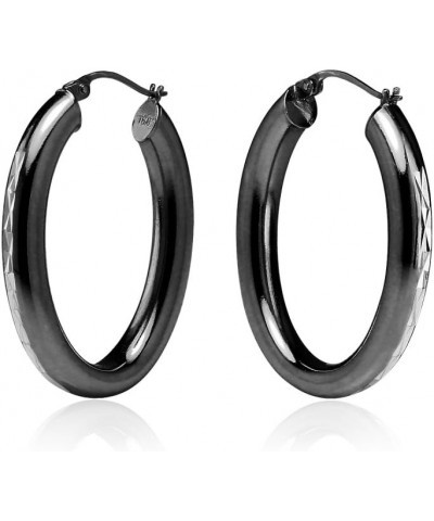 925 Sterling Silver 4.5mm Thick Oval Diamond-Cut Hoop Earrings, 25mm 30mm, Silver, Yellow Gold, Rose Gold & Black Black 25mm-...