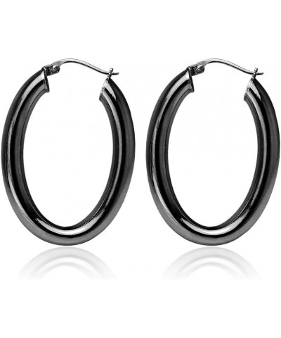 925 Sterling Silver 4.5mm Thick Oval Diamond-Cut Hoop Earrings, 25mm 30mm, Silver, Yellow Gold, Rose Gold & Black Black 25mm-...