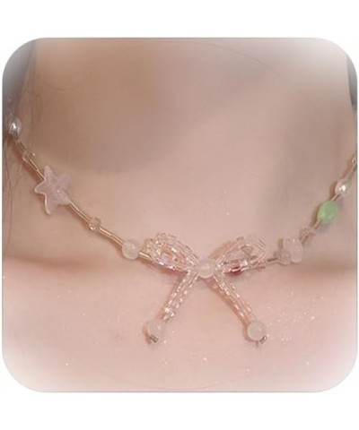 Crystal Beads Bow Necklace for Women Transparent Pink White Crystal Beads Bow-Knot Pendant Tassel Choker Necklace Jewelry Gif...