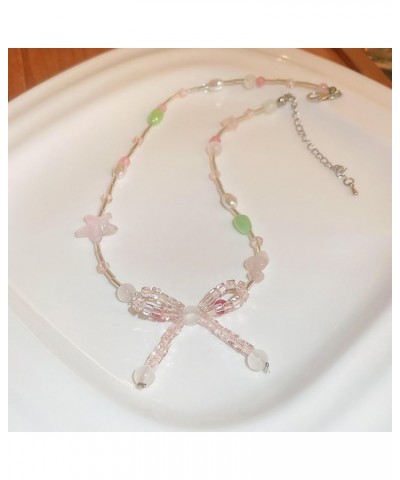 Crystal Beads Bow Necklace for Women Transparent Pink White Crystal Beads Bow-Knot Pendant Tassel Choker Necklace Jewelry Gif...