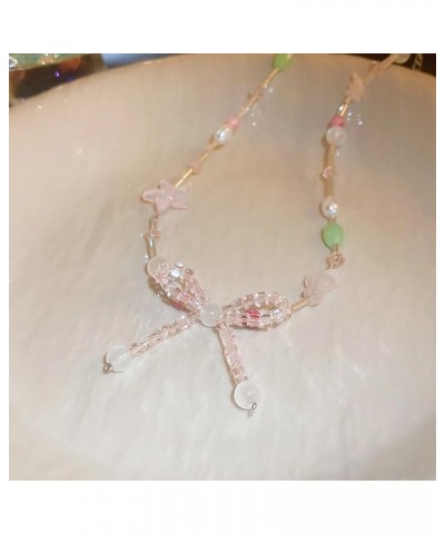 Crystal Beads Bow Necklace for Women Transparent Pink White Crystal Beads Bow-Knot Pendant Tassel Choker Necklace Jewelry Gif...