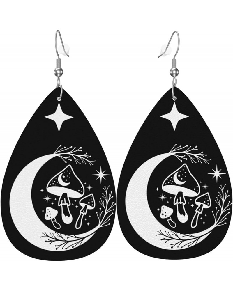 Faux Leather Teardrop Earrings For Teen Girls Women Drop Dangle Earrings Gift Black White Mushroom Moon $6.65 Earrings