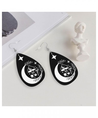 Faux Leather Teardrop Earrings For Teen Girls Women Drop Dangle Earrings Gift Black White Mushroom Moon $6.65 Earrings