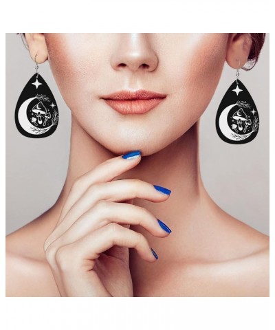 Faux Leather Teardrop Earrings For Teen Girls Women Drop Dangle Earrings Gift Black White Mushroom Moon $6.65 Earrings