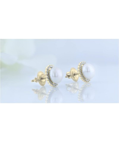 Round 7mm Freshwater Cultured Pearl with 0.19 CT White Diamond Halo Style Screwback & Pushback Stud Earrings for Women 14K Ye...