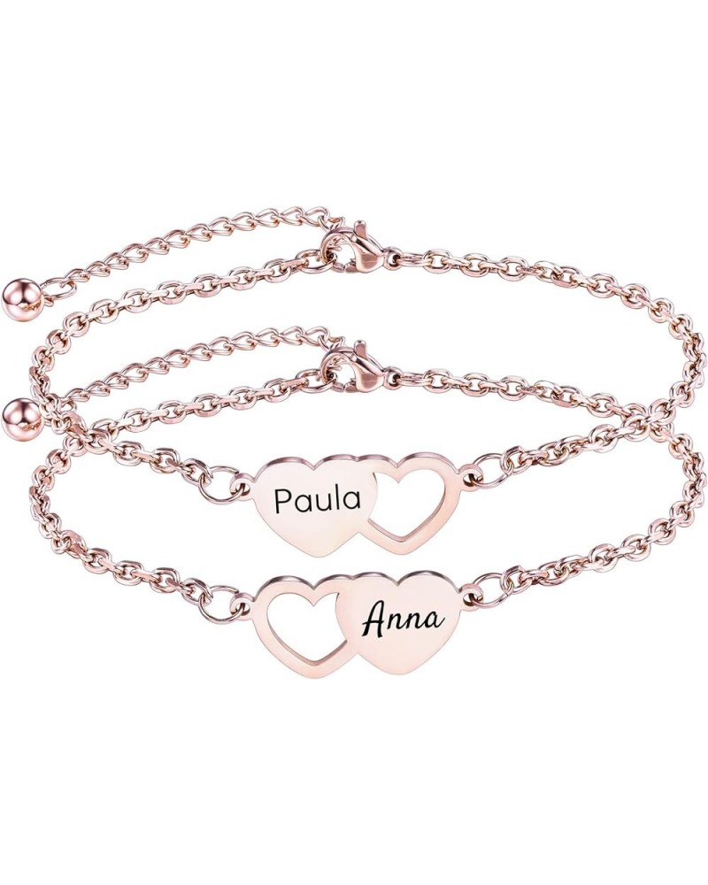 2～3 PCS Personalized Heart Shape Bracelets Set Customized 1～3 Names for Women Friendship BFF Bracelets for 2～3 Sisters 2-Rose...