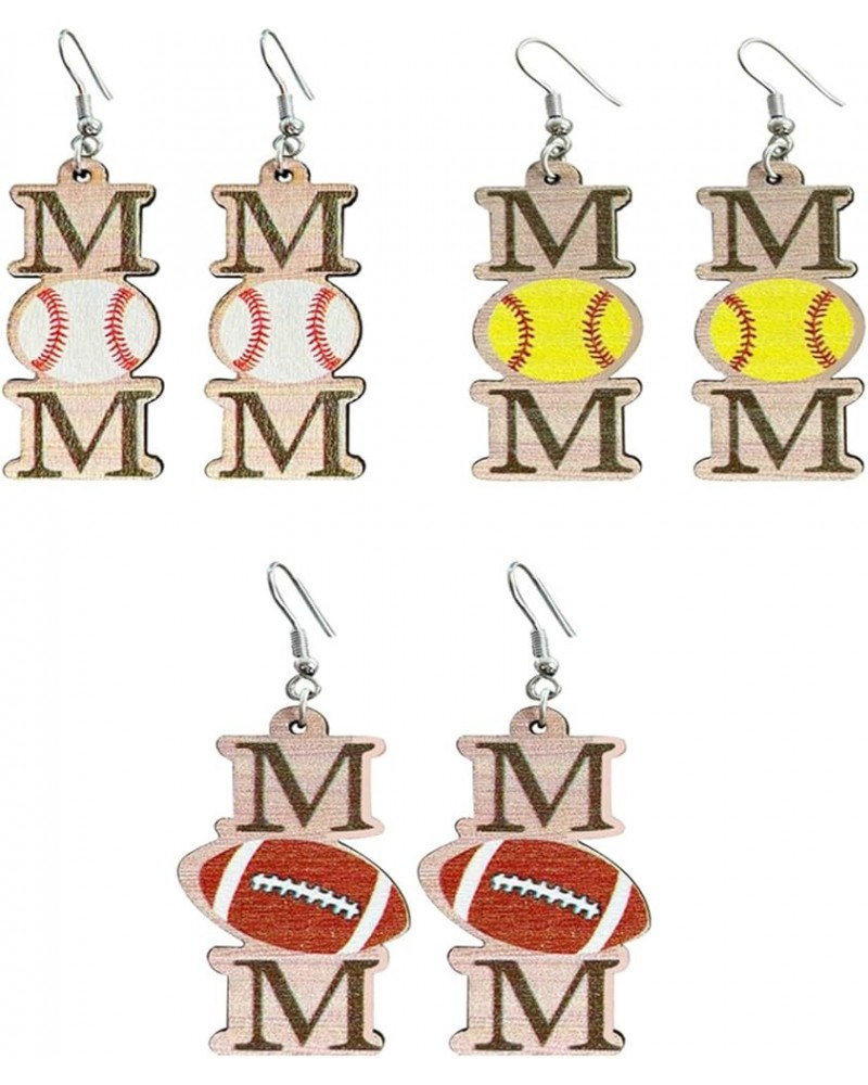 2-3Pairs Leopard Pattern MOM Baseball Rugby Waterdrop Dangle Drop Earring Set for Mother Mom Women Wood Wooden Geometric Roun...