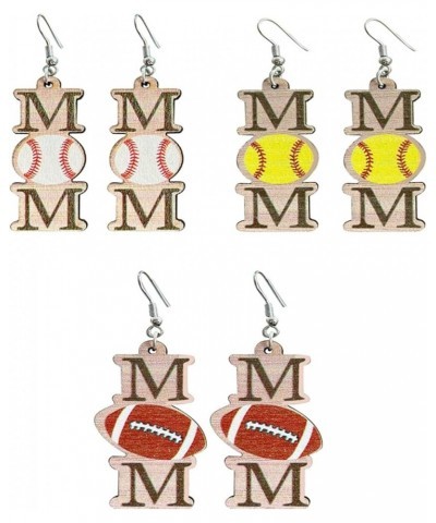 2-3Pairs Leopard Pattern MOM Baseball Rugby Waterdrop Dangle Drop Earring Set for Mother Mom Women Wood Wooden Geometric Roun...