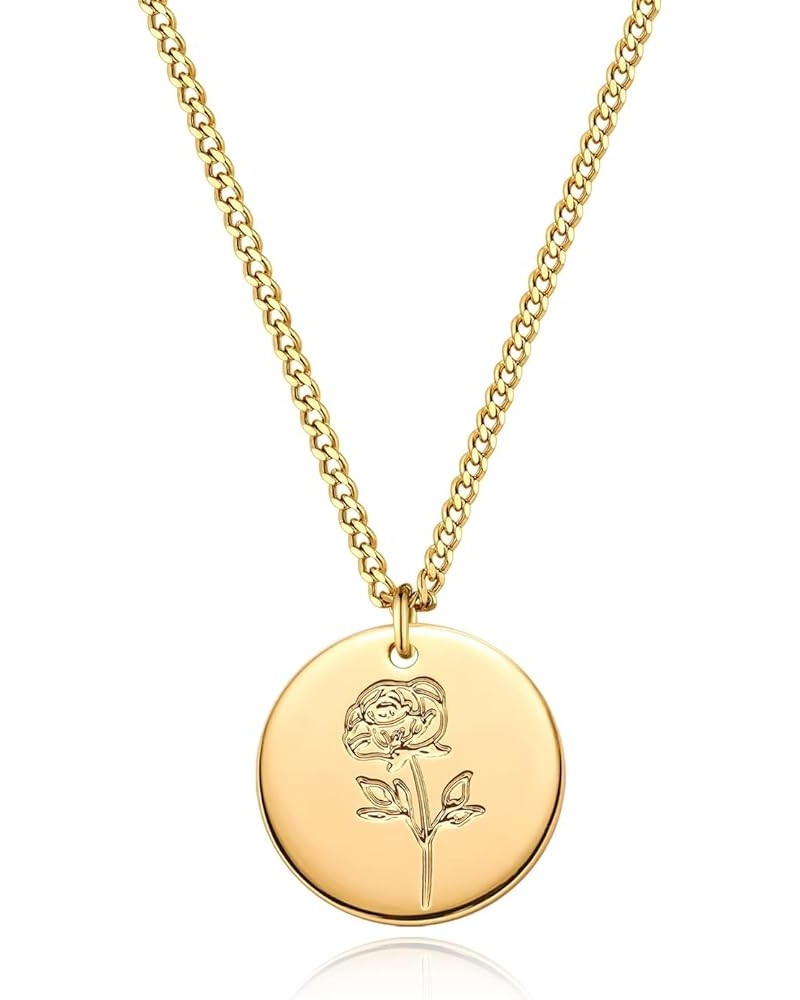 Birth Flower Necklace 18K Gold Plated Necklaces for Women Disc Cuban Birthday Jewelry Gifts for Women Girls 12 Month Jun.-Ros...