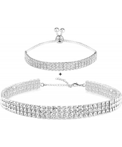 Rhinestone Choker Necklaces Silver Sparkling Diamond Choker Crystal Bracelet Rhinestone Necklace for Women Girls 3 Rows Set B...