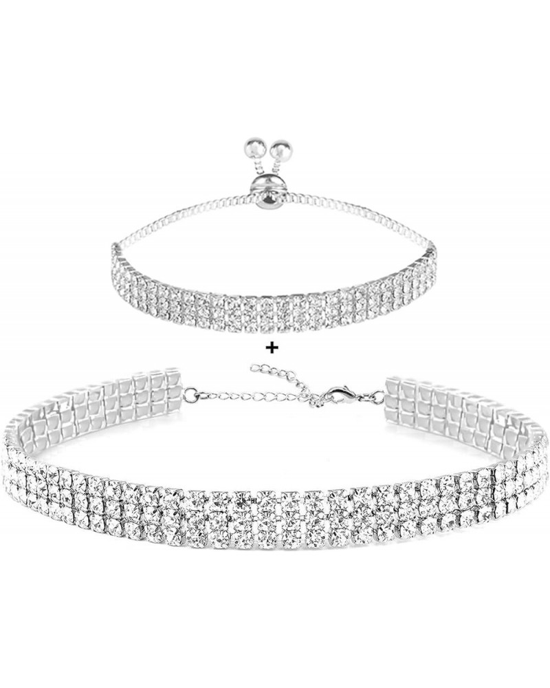 Rhinestone Choker Necklaces Silver Sparkling Diamond Choker Crystal Bracelet Rhinestone Necklace for Women Girls 3 Rows Set B...