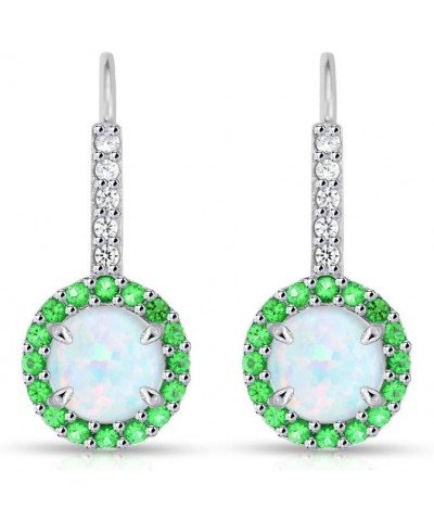 Sterling Silver Synthetic White Opal & Simulated Gemstone Round Halo Leverback Earrings Simulated Emerald $17.15 Earrings