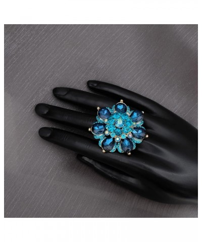 Flower Shape Crystal Cocktail Stretch Ring Party Prom Floral Statement Elastic Ring for Women 2RI255-Aquamarine-gold tone $10...