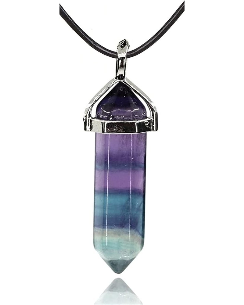 Natural Gemstone Hexagonal Pointed Reiki Chakra Pendant Genuine Leather Necklace 18 Inch Fluorite $6.83 Necklaces