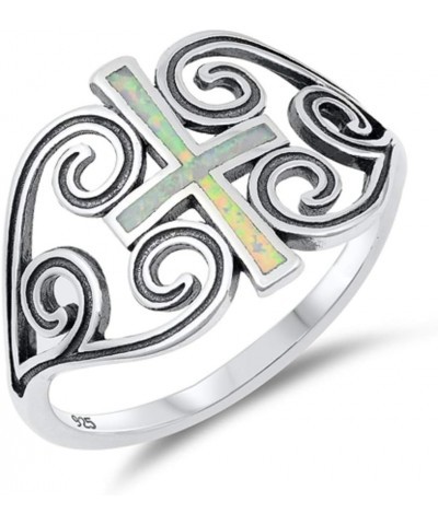 Blue Simulated Opal Cross Swirl Heart Sides Ring Sterling Silver White Simulated Opal $19.86 Rings