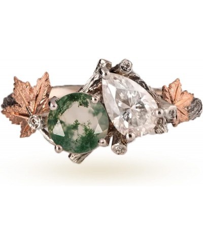 Moss Agate Ring for Women Sterling Silver 10k/14k/18k Custom Emerald Green Stone Agate Ring Leaf Wedding Ring Moss Agate Jewe...