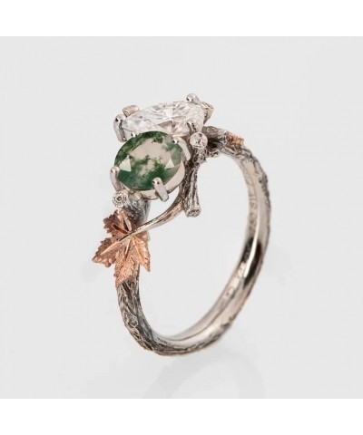 Moss Agate Ring for Women Sterling Silver 10k/14k/18k Custom Emerald Green Stone Agate Ring Leaf Wedding Ring Moss Agate Jewe...